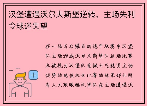 汉堡遭遇沃尔夫斯堡逆转，主场失利令球迷失望