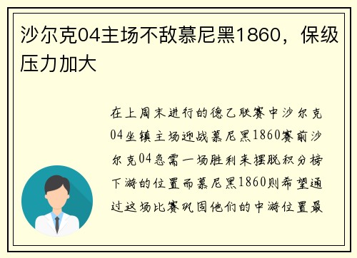 沙尔克04主场不敌慕尼黑1860，保级压力加大
