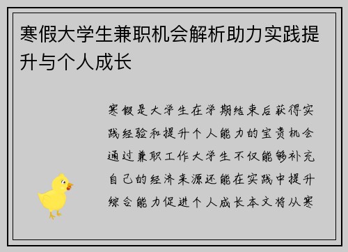 寒假大学生兼职机会解析助力实践提升与个人成长