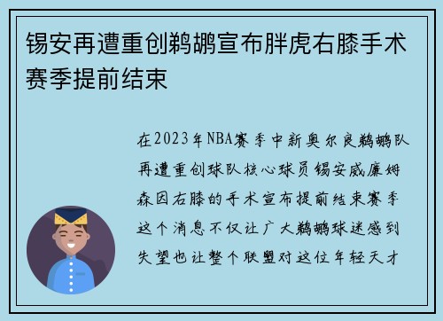 锡安再遭重创鹈鹕宣布胖虎右膝手术赛季提前结束