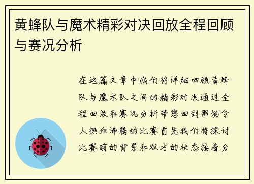 黄蜂队与魔术精彩对决回放全程回顾与赛况分析