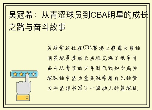 吴冠希：从青涩球员到CBA明星的成长之路与奋斗故事