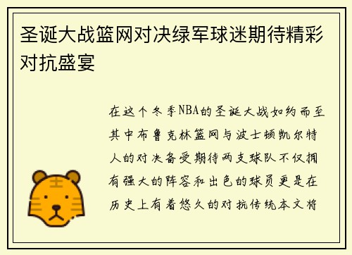 圣诞大战篮网对决绿军球迷期待精彩对抗盛宴
