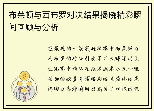 布莱顿与西布罗对决结果揭晓精彩瞬间回顾与分析