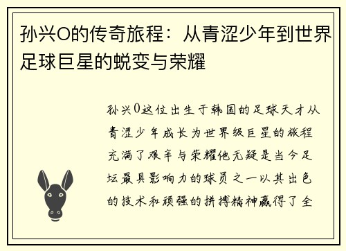 孙兴O的传奇旅程：从青涩少年到世界足球巨星的蜕变与荣耀