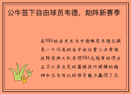 公牛签下自由球员韦德，助阵新赛季