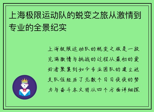 上海极限运动队的蜕变之旅从激情到专业的全景纪实