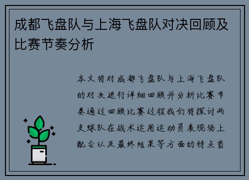 成都飞盘队与上海飞盘队对决回顾及比赛节奏分析