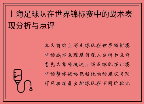 上海足球队在世界锦标赛中的战术表现分析与点评
